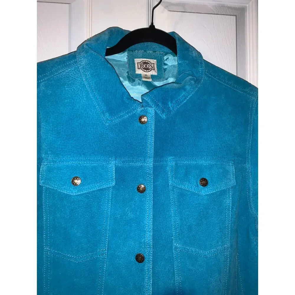 Vintage Rod's Womens Suede Jacket Size XL Turquoise Blue Slim Fit Runs Small